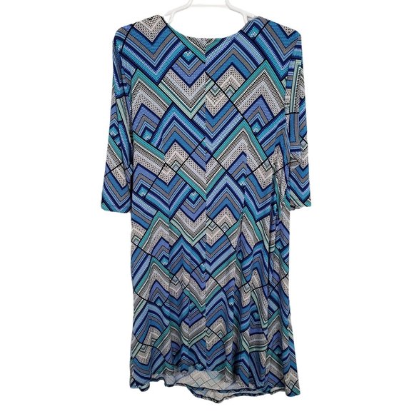 Roaman's Plus Size 24W Dress Geometric Tile Stretch Faux Wrap Pullover Midi Blue - Picture 2 of 12